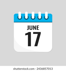 Vector icon page calendar day of month - 17 June. 17th day of month - Sunday, Monday, Tuesday, Wednesday, Thursday, Friday, Saturday. Anniversary, reminder, plan, to-do list. Calender on the wall