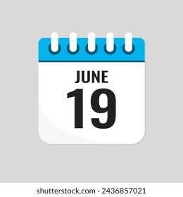 Vector icon page calendar day of month - 19 June. 19th day of month - Sunday, Monday, Tuesday, Wednesday, Thursday, Friday, Saturday. Anniversary, reminder, plan, to-do list. Calender on the wall