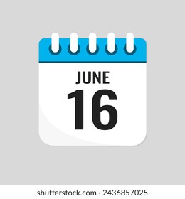 Vector icon page calendar day of month - 16 June. 16th day of month - Sunday, Monday, Tuesday, Wednesday, Thursday, Friday, Saturday. Anniversary, reminder, plan, to-do list. Calender on the wall
