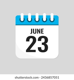 Vector icon page calendar day of month - 23 June. 23th day of month - Sunday, Monday, Tuesday, Wednesday, Thursday, Friday, Saturday. Anniversary, reminder, plan, to-do list. Calender on the wall