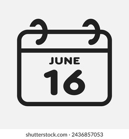 Vector icon page calendar day of month - 16 June. 16th day of month - Sunday, Monday, Tuesday, Wednesday, Thursday, Friday, Saturday. Anniversary, reminder, plan, to-do list. Calender on the wall