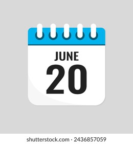 Vector icon page calendar day of month - 20 June. 20th day of month - Sunday, Monday, Tuesday, Wednesday, Thursday, Friday, Saturday. Anniversary, reminder, plan, to-do list. Calender on the wall