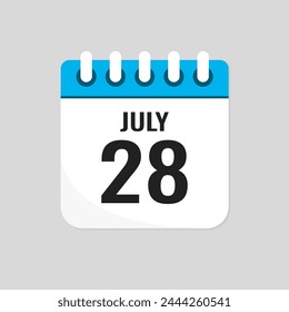 Vector icon page calendar day of month - 28 July. 28th day of month - Sunday, Monday, Tuesday, Wednesday, Thursday, Friday, Saturday. Anniversary, reminder, plan, to-do list. Calender on the wall