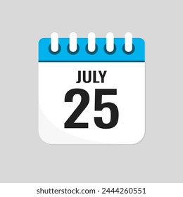 Icono de Vector página calendario día del mes - 25 de julio. Día 25 del mes: domingo, lunes, martes, miércoles, jueves, viernes, sábado. Aniversario, recordatorio, Plan, lista de tareas. Calendario en la pared