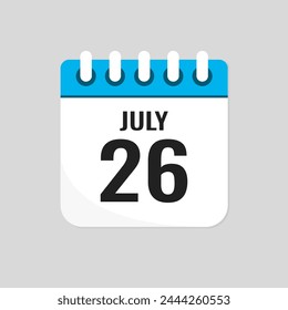 Icono de Vector página calendario día del mes - 26 de julio. Día 26 del mes: domingo, lunes, martes, miércoles, jueves, viernes, sábado. Aniversario, recordatorio, Plan, lista de tareas. Calendario en la pared