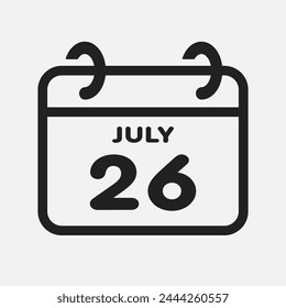 Vector icon page calendar day of month - 26 July. 26th day of month - Sunday, Monday, Tuesday, Wednesday, Thursday, Friday, Saturday. Anniversary, reminder, plan, to-do list. Calender on the wall