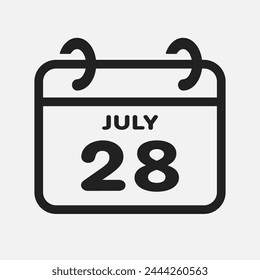 Vector icon page calendar day of month - 28 July. 28th day of month - Sunday, Monday, Tuesday, Wednesday, Thursday, Friday, Saturday. Anniversary, reminder, plan, to-do list. Calender on the wall