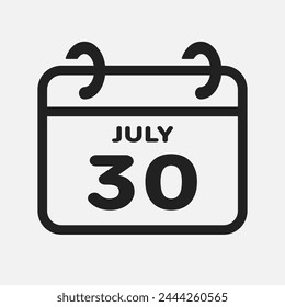 Vector icon page calendar day of month - 30 July. 30th day of month - Sunday, Monday, Tuesday, Wednesday, Thursday, Friday, Saturday. Anniversary, reminder, plan, to-do list. Calender on the wall