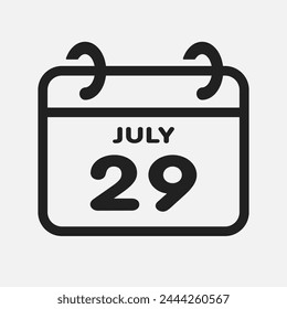 Vektorgrafik-Symbol-Seite Kalendertag des Monats - 29. Juli. 29. Tag des Monats - Sonntag, Montag, Dienstag, Mittwoch, Donnerstag, Freitag, Samstag. Jahrestag, Erinnerung, Paket, Aufgabenliste. Kalander an der Wand