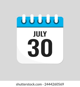 Vector icon page calendar day of month - 30 July. 30th day of month - Sunday, Monday, Tuesday, Wednesday, Thursday, Friday, Saturday. Anniversary, reminder, plan, to-do list. Calender on the wall