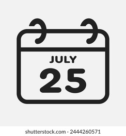 Vector icon page calendar day of month - 25 July. 25th day of month - Sunday, Monday, Tuesday, Wednesday, Thursday, Friday, Saturday. Anniversary, reminder, plan, to-do list. Calender on the wall