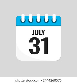 Vektorgrafik-Symbol-Seite Kalendertag des Monats - 31. Juli. 31. Tag des Monats - Sonntag, Montag, Dienstag, Mittwoch, Donnerstag, Freitag, Samstag. Jahrestag, Erinnerung, Paket, Aufgabenliste. Kalander an der Wand
