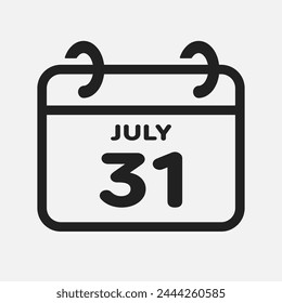 Vector icon page calendar day of month - 31 July. 31th day of month - Sunday, Monday, Tuesday, Wednesday, Thursday, Friday, Saturday. Anniversary, reminder, plan, to-do list. Calender on the wall