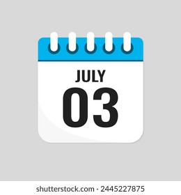 Vector icon page calendar day of month - 3 July. 3th day of month - Sunday, Monday, Tuesday, Wednesday, Thursday, Friday, Saturday. Anniversary, reminder, plan, to-do list. Calender on the wall