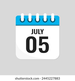 Vector icon page calendar day of month - 5 July. 5th day of month - Sunday, Monday, Tuesday, Wednesday, Thursday, Friday, Saturday. Anniversary, reminder, plan, to-do list. Calender on the wall