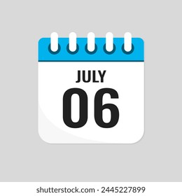 Vector icon page calendar day of month - 6 July. 6th day of month - Sunday, Monday, Tuesday, Wednesday, Thursday, Friday, Saturday. Anniversary, reminder, plan, to-do list. Calender on the wall