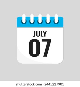 Vector icon page calendar day of month - 7 July. 7th day of month - Sunday, Monday, Tuesday, Wednesday, Thursday, Friday, Saturday. Anniversary, reminder, plan, to-do list. Calender on the wall