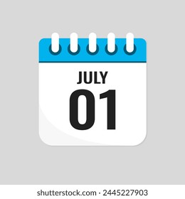 Icono de Vector página calendario día del mes - 1 de julio. 1º día del mes: domingo, lunes, martes, miércoles, jueves, viernes, sábado. Aniversario, recordatorio, Plan, lista de tareas. Calendario en la pared
