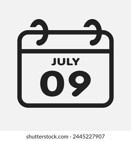 Icono de Vector página calendario día del mes - 9 de julio. Noveno día del mes: domingo, lunes, martes, miércoles, jueves, viernes, sábado. Aniversario, recordatorio, Plan, lista de tareas. Calendario en la pared