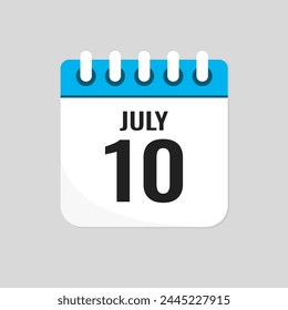 Vector icon page calendar day of month - 10 July. 10th day of month - Sunday, Monday, Tuesday, Wednesday, Thursday, Friday, Saturday. Anniversary, reminder, plan, to-do list. Calender on the wall