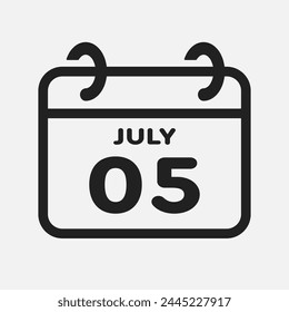 Icono de Vector página calendario día del mes - 5 de julio. Quinto día del mes: domingo, lunes, martes, miércoles, jueves, viernes, sábado. Aniversario, recordatorio, Plan, lista de tareas. Calendario en la pared
