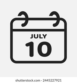 Vector icon page calendar day of month - 10 July. 10th day of month - Sunday, Monday, Tuesday, Wednesday, Thursday, Friday, Saturday. Anniversary, reminder, plan, to-do list. Calender on the wall