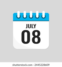 Vector icon page calendar day of month - 8 July. 8th day of month - Sunday, Monday, Tuesday, Wednesday, Thursday, Friday, Saturday. Anniversary, reminder, plan, to-do list. Calender on the wall