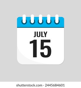 Vector icon page calendar day of month - 15 July. 15th day of month - Sunday, Monday, Tuesday, Wednesday, Thursday, Friday, Saturday. Anniversary, reminder, plan, to-do list. Calender on the wall