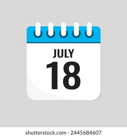 Vector icon page calendar day of month - 18 July. 18th day of month - Sunday, Monday, Tuesday, Wednesday, Thursday, Friday, Saturday. Anniversary, reminder, plan, to-do list. Calender on the wall