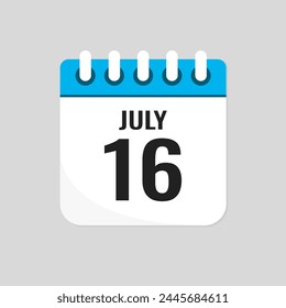 Vector icon page calendar day of month - 16 July. 16th day of month - Sunday, Monday, Tuesday, Wednesday, Thursday, Friday, Saturday. Anniversary, reminder, plan, to-do list. Calender on the wall