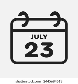 Vector icon page calendar day of month - 23 July. 23th day of month - Sunday, Monday, Tuesday, Wednesday, Thursday, Friday, Saturday. Anniversary, reminder, plan, to-do list. Calender on the wall
