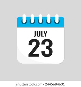 Vector icon page calendar day of month - 23 July. 23th day of month - Sunday, Monday, Tuesday, Wednesday, Thursday, Friday, Saturday. Anniversary, reminder, plan, to-do list. Calender on the wall