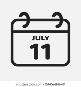 Vector icon page calendar day of month - 11 July. 11th day of month - Sunday, Monday, Tuesday, Wednesday, Thursday, Friday, Saturday. Anniversary, reminder, plan, to-do list. Calender on the wall