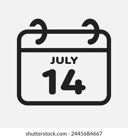 Vector icon page calendar day of month - 14 July. 14th day of month - Sunday, Monday, Tuesday, Wednesday, Thursday, Friday, Saturday. Anniversary, reminder, plan, to-do list. Calender on the wall