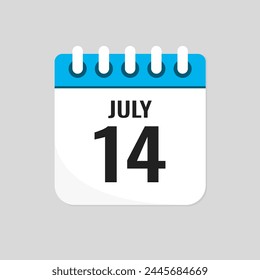 Vector icon page calendar day of month - 14 July. 14th day of month - Sunday, Monday, Tuesday, Wednesday, Thursday, Friday, Saturday. Anniversary, reminder, plan, to-do list. Calender on the wall