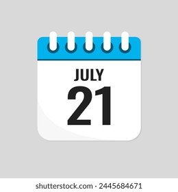 Vector icon page calendar day of month - 21 July. 21th day of month - Sunday, Monday, Tuesday, Wednesday, Thursday, Friday, Saturday. Anniversary, reminder, plan, to-do list. Calender on the wall