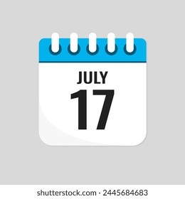 Vector icon page calendar day of month - 17 July. 17th day of month - Sunday, Monday, Tuesday, Wednesday, Thursday, Friday, Saturday. Anniversary, reminder, plan, to-do list. Calender on the wall