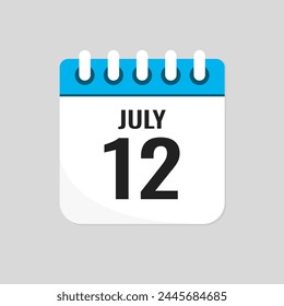 Vector icon page calendar day of month - 12 July. 12th day of month - Sunday, Monday, Tuesday, Wednesday, Thursday, Friday, Saturday. Anniversary, reminder, plan, to-do list. Calender on the wall svg