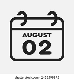 Vector icon page calendar day of month - 2 August. 2th day of month - Sunday, Monday, Tuesday, Wednesday, Thursday, Friday, Saturday. Anniversary, reminder, plan, to-do list. Calender on the wall