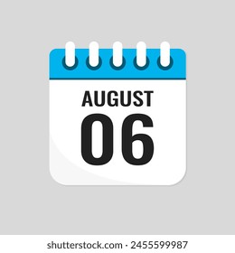 Vector icon page calendar day of month - 6 August. 6th day of month - Sunday, Monday, Tuesday, Wednesday, Thursday, Friday, Saturday. Anniversary, reminder, plan, to-do list. Calender on the wall