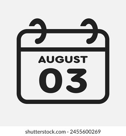 Vector icon page calendar day of month - 3 August. 3th day of month - Sunday, Monday, Tuesday, Wednesday, Thursday, Friday, Saturday. Anniversary, reminder, plan, to-do list. Calender on the wall