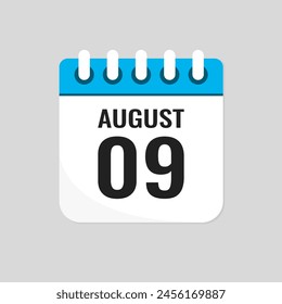 Icono de Vector página calendario día del mes - 9 de agosto. Noveno día del mes: domingo, lunes, martes, miércoles, jueves, viernes, sábado. Aniversario, recordatorio, Plan, lista de tareas. Calendario en la pared