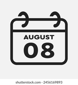 Vector icon page calendar day of month - 8 August. 8th day of month - Sunday, Monday, Tuesday, Wednesday, Thursday, Friday, Saturday. Anniversary, reminder, plan, to-do list. Calender on the wall