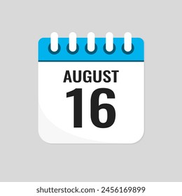 Vector icon page calendar day of month - 16 August. 16th day of month - Sunday, Monday, Tuesday, Wednesday, Thursday, Friday, Saturday. Anniversary, reminder, plan, to-do list. Calender on the wall
