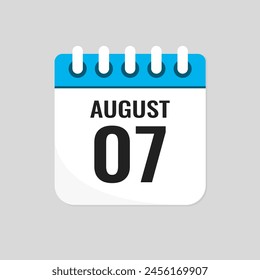 Icono de Vector página calendario día del mes - 7 de agosto. Séptimo día del mes: domingo, lunes, martes, miércoles, jueves, viernes, sábado. Aniversario, recordatorio, Plan, lista de tareas. Calendario en la pared