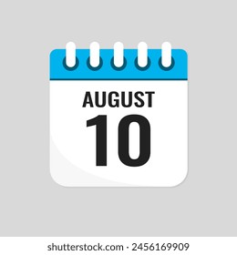 Icono de Vector página calendario día del mes - 10 de agosto. Décimo día del mes: domingo, lunes, martes, miércoles, jueves, viernes, sábado. Aniversario, recordatorio, Plan, lista de tareas. Calendario en la pared