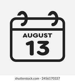 Vector icon page calendar day of month - 13 August. 13th day of month - Sunday, Monday, Tuesday, Wednesday, Thursday, Friday, Saturday. Anniversary, reminder, plan, to-do list. Calender on the wall