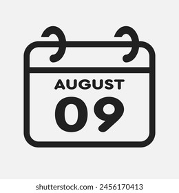 Vector icon page calendar day of month - 9 August. 9th day of month - Sunday, Monday, Tuesday, Wednesday, Thursday, Friday, Saturday. Anniversary, reminder, plan, to-do list. Calender on the wall