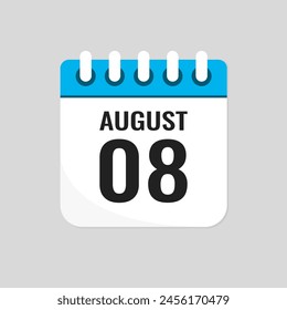 Vector icon page calendar day of month - 8 August. 8th day of month - Sunday, Monday, Tuesday, Wednesday, Thursday, Friday, Saturday. Anniversary, reminder, plan, to-do list. Calender on the wall