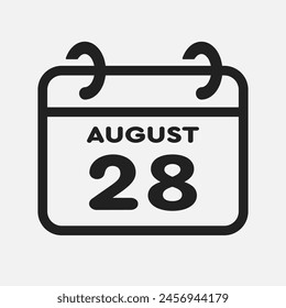 Vector icon page calendar day of month - 28 August. 28th day of month - Sunday, Monday, Tuesday, Wednesday, Thursday, Friday, Saturday. Anniversary, reminder, plan, to-do list. Calender on the wall